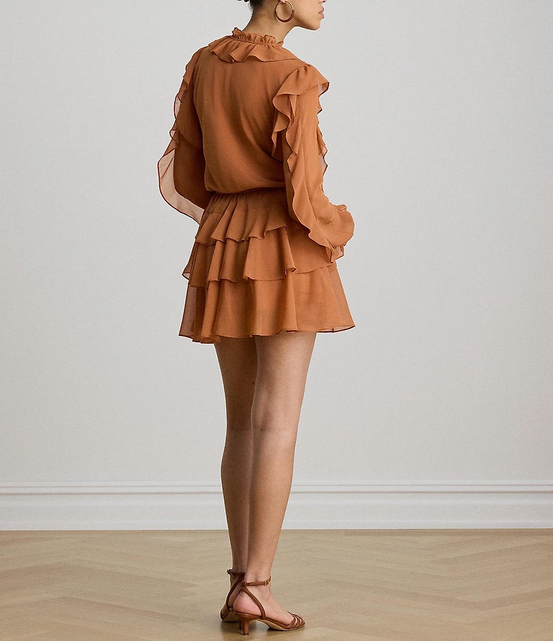 Lauren Ralph Lauren Georgette V-Neck Long Sleeve Tiered Dress