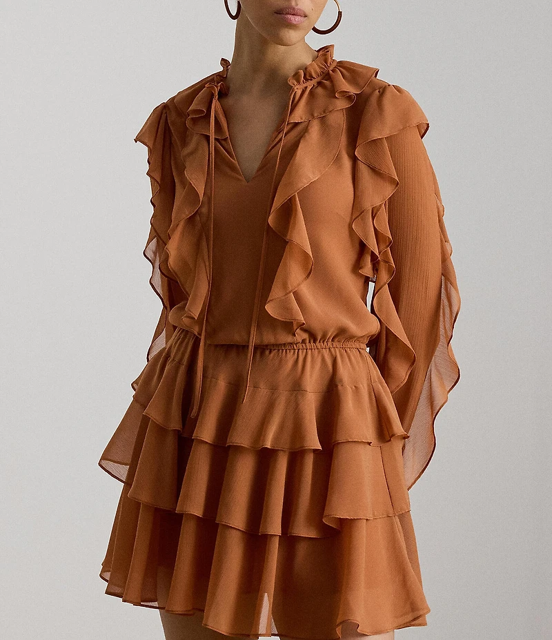 Lauren Ralph Lauren Georgette V-Neck Long Sleeve Tiered Dress