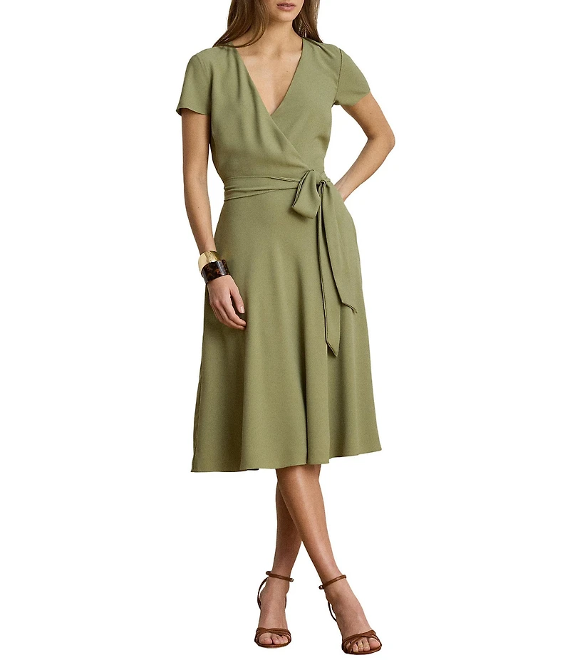 Lauren Ralph Lauren Georgette V-Neck Short Sleeve Midi Wrap Dress