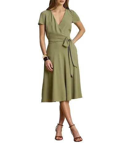 Lauren Ralph Lauren Georgette V-Neck Short Sleeve Midi Wrap Dress