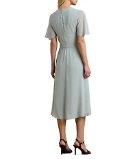 Lauren Ralph Lauren Georgette V Neck Short Sleeve Wrap Belt Fit and Flare Midi Dress