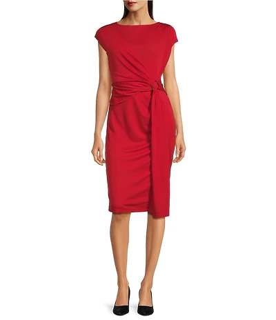 Lauren Ralph Lauren Gervas Boat Neck Cap Sleeve Pleated Overlay Sheath Midi Dress