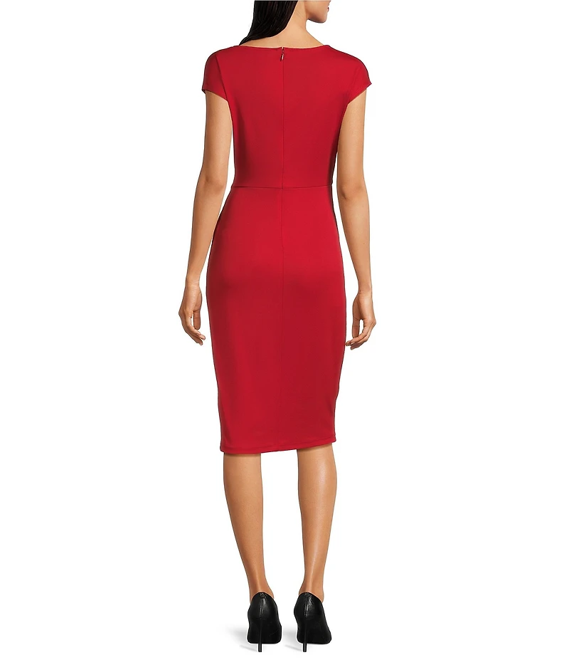 Lauren Ralph Lauren Gervas Boat Neck Cap Sleeve Pleated Overlay Sheath Midi Dress