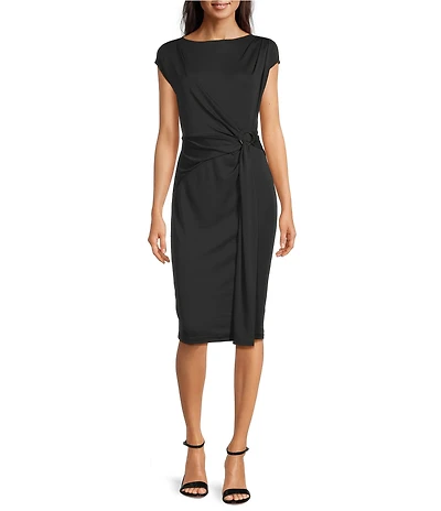 Lauren Ralph Lauren Gervas Stretch Jersey Boat Neck Cap Sleeve Pleated Bamboo O-Ring Waist Sheath Dress