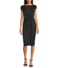 Lauren Ralph Lauren Gervas Stretch Jersey Boat Neck Cap Sleeve Pleated Bamboo O-Ring Waist Sheath Dress