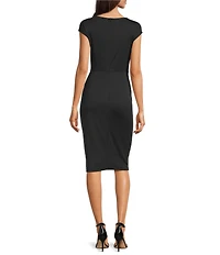 Lauren Ralph Lauren Gervas Stretch Jersey Boat Neck Cap Sleeve Pleated Bamboo O-Ring Waist Sheath Dress