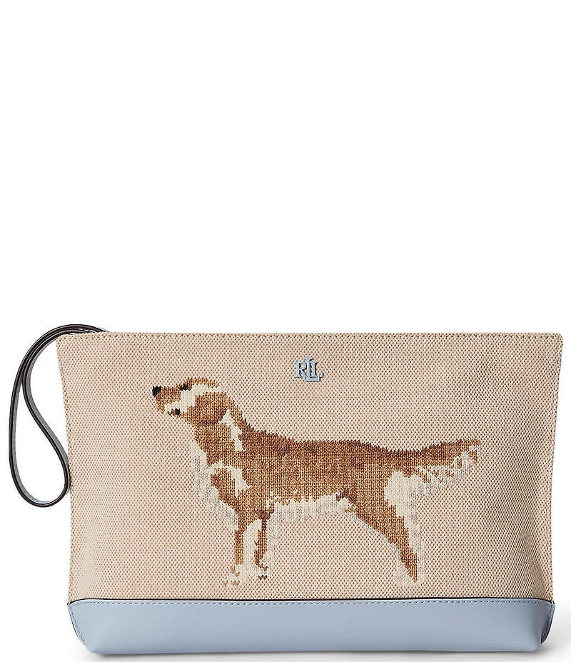 Lauren Ralph Lauren Golden Retriever Embroidered Canvas Zip Pouch