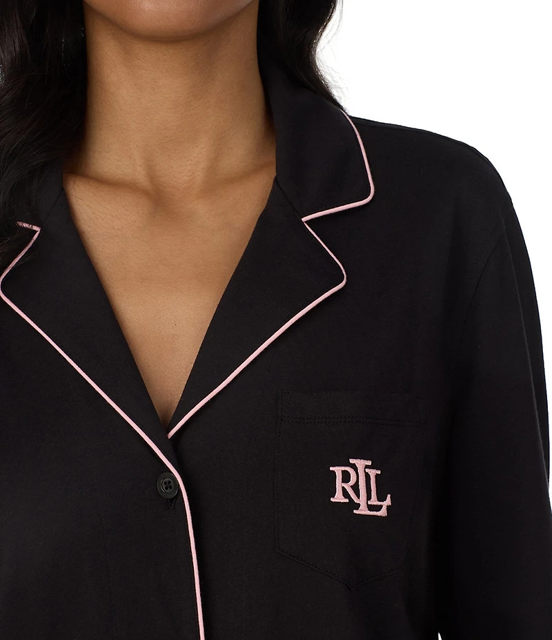 Lauren Ralph Lauren Hammond Solid Long Sleeve Notch Collar Knit Long Pajama Set