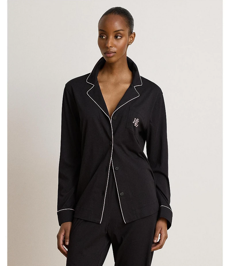 Lauren Ralph Lauren Hammond Solid Long Sleeve Notch Collar Knit Long Pajama Set