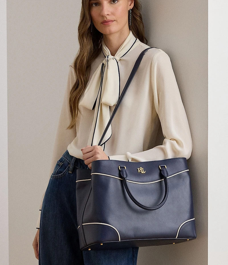 Lauren Ralph Lauren Herringbone Woven Large Marcy 36 Satchel Bag