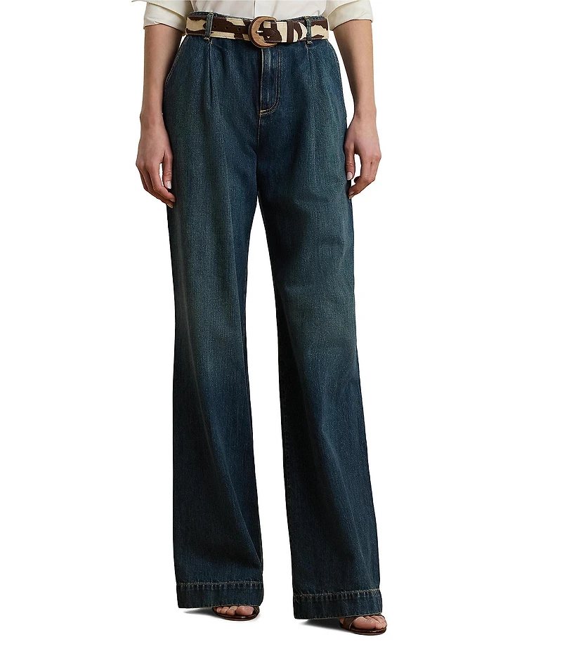 Lauren Ralph Lauren High Rise Pleated Wide Leg Denim Pocketed Jeans
