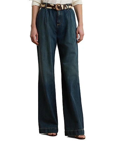 Lauren Ralph Lauren High Rise Pleated Wide Leg Denim Pocketed Jeans