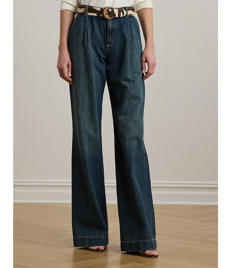 Lauren Ralph Lauren High Rise Pleated Wide Leg Denim Pocketed Jeans