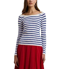 Lauren Ralph Lauren Horizontal Striped Ribbed Ballet Neck Long Raglan Sleeve Sweater