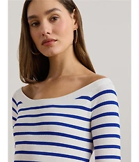 Lauren Ralph Lauren Horizontal Striped Ribbed Ballet Neck Long Raglan Sleeve Sweater
