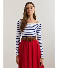 Lauren Ralph Lauren Horizontal Striped Ribbed Ballet Neck Long Raglan Sleeve Sweater