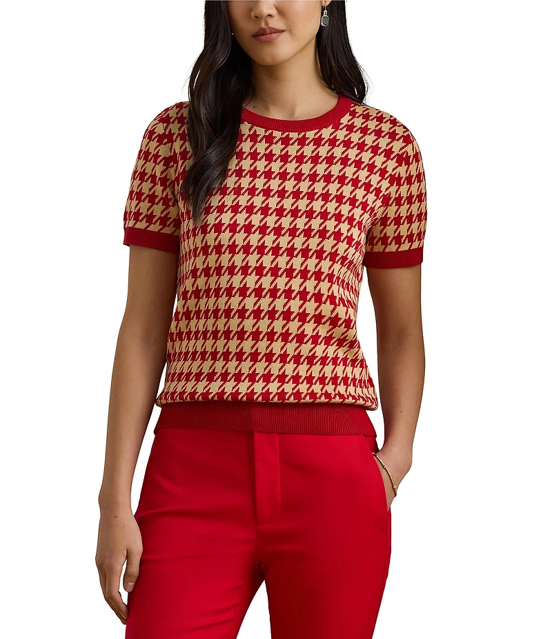 Lauren Ralph Lauren Houndstooth Jacquard Crew Neck Short Sleeve Sweater Top