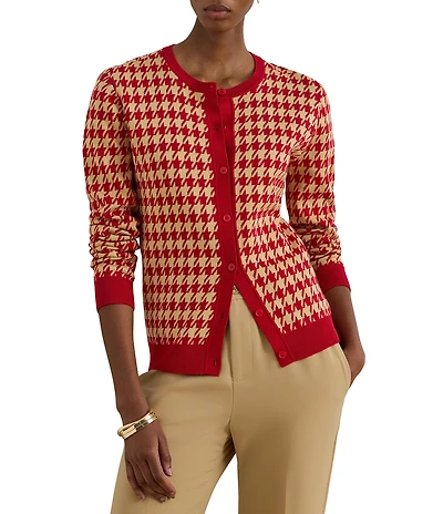 Lauren Ralph Lauren Houndstooth Jacquard Round Neck Long Sleeve Cardigan