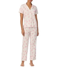 Lauren Ralph Lauren Ivory Floral Print Short Sleeve Notch Collar Jersey Knit Pajama Set
