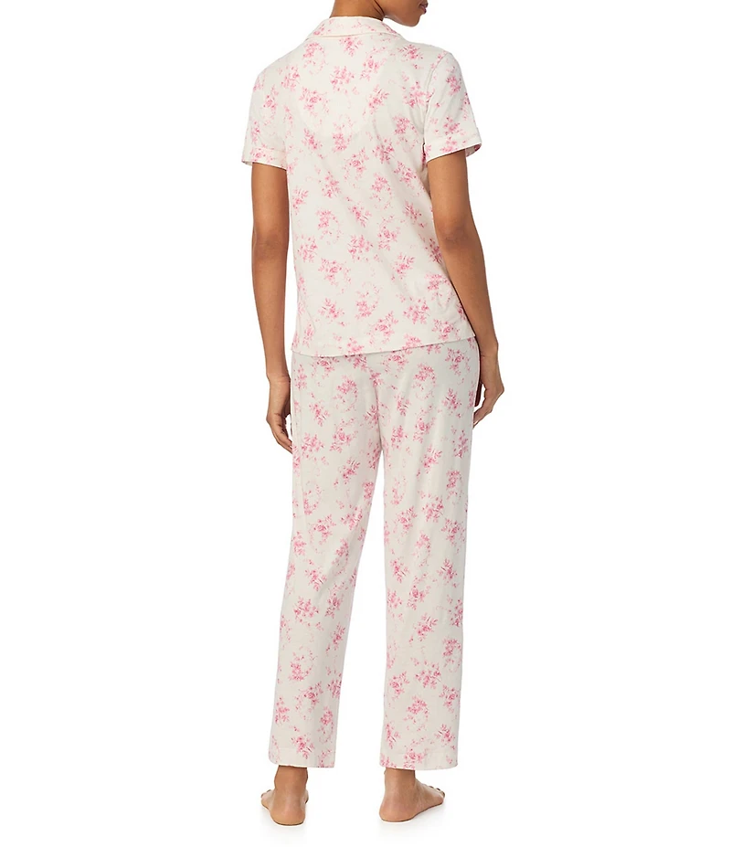 Lauren Ralph Lauren Ivory Floral Print Short Sleeve Notch Collar Jersey Knit Pajama Set