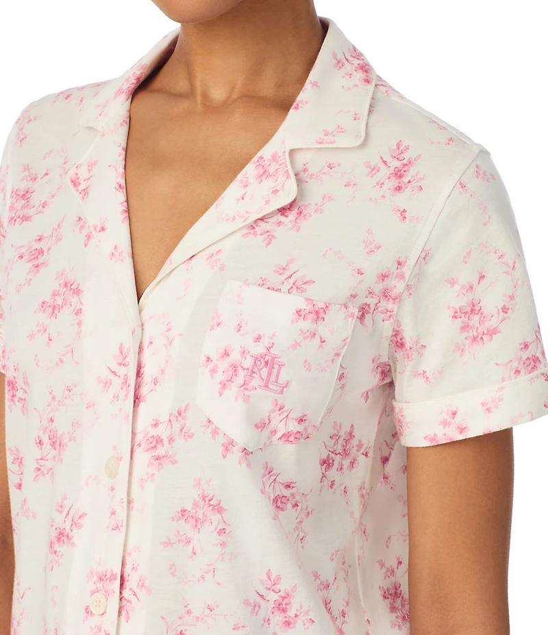 Lauren Ralph Lauren Ivory Floral Print Short Sleeve Notch Collar Jersey Knit Pajama Set