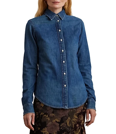 Lauren Ralph Lauren Classic Fit Denim Point Collar Long Sleeve Button Front Shirt