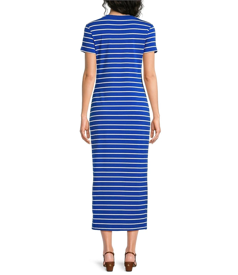 Lauren Ralph Lauren Jersey Crew Neck Short Sleeve Stripe Maxi Sheath Dress