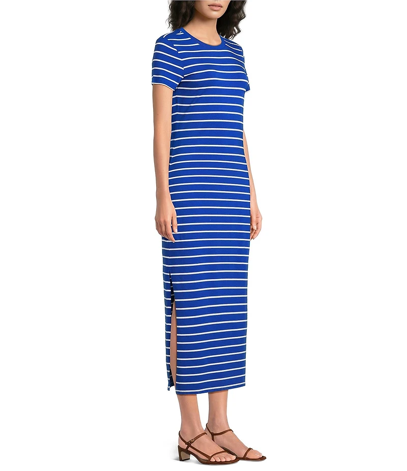 Lauren Ralph Lauren Jersey Crew Neck Short Sleeve Stripe Maxi Sheath Dress