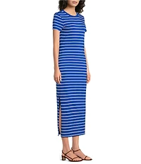 Lauren Ralph Lauren Jersey Crew Neck Short Sleeve Stripe Maxi Sheath Dress