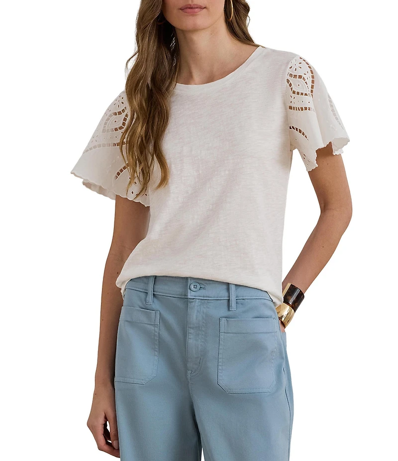 Lauren Ralph Lauren Jersey Knit Crew Neck Short Flutter Embroidered Sleeve Top