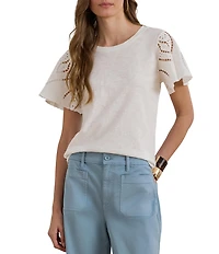 Lauren Ralph Lauren Jersey Knit Crew Neck Short Flutter Embroidered Sleeve Top