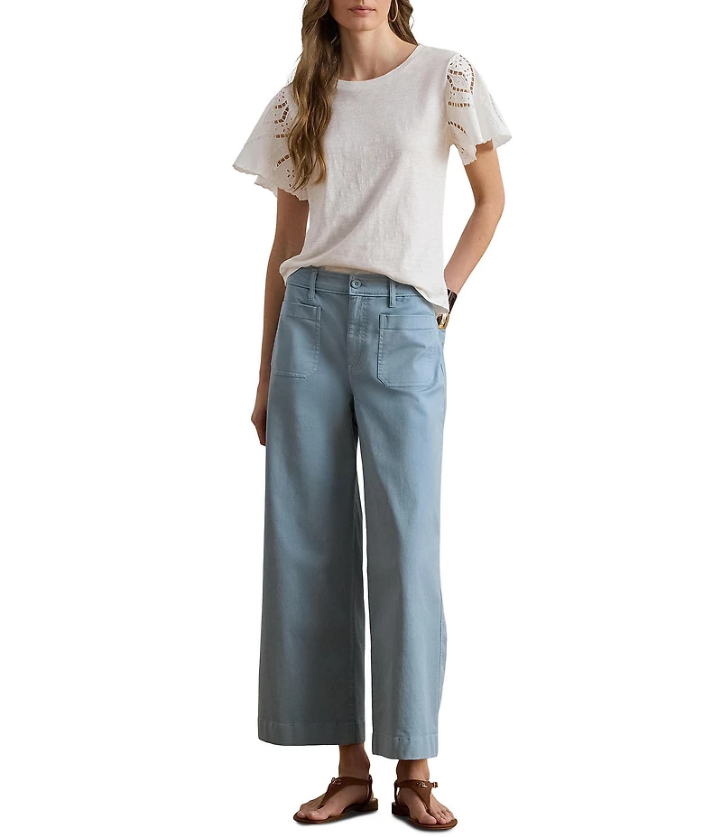 Lauren Ralph Lauren Jersey Knit Crew Neck Short Flutter Embroidered Sleeve Top