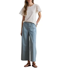 Lauren Ralph Lauren Jersey Knit Crew Neck Short Flutter Embroidered Sleeve Top