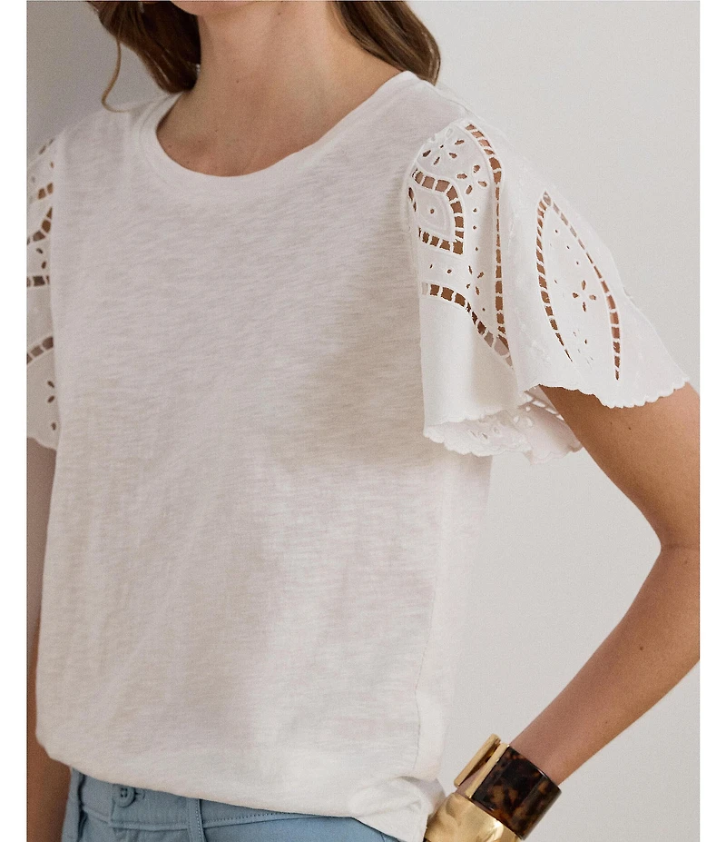 Lauren Ralph Lauren Jersey Knit Crew Neck Short Flutter Embroidered Sleeve Top