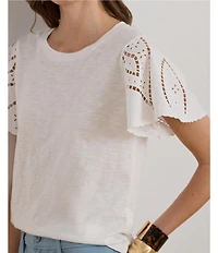 Lauren Ralph Lauren Jersey Knit Crew Neck Short Flutter Embroidered Sleeve Top
