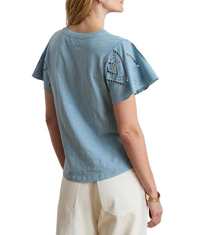 Lauren Ralph Lauren Jersey Knit Crew Neck Short Flutter Embroidered Sleeve Top