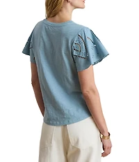 Lauren Ralph Lauren Jersey Knit Crew Neck Short Flutter Embroidered Sleeve Top