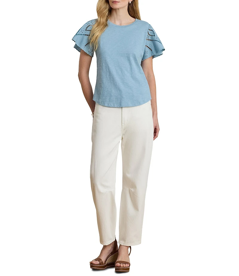 Lauren Ralph Lauren Jersey Knit Crew Neck Short Flutter Embroidered Sleeve Top