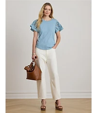 Lauren Ralph Lauren Jersey Knit Crew Neck Short Flutter Embroidered Sleeve Top