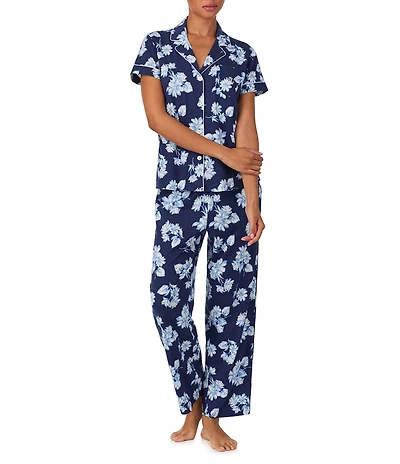 Lauren Ralph Lauren Jersey Knit Floral Print Short Sleeve Notch Collar Long Pajama Set