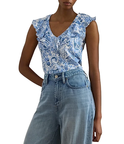 Lauren Ralph Lauren Jersey Knit Paisley Print V-Neck Sleeveless Top