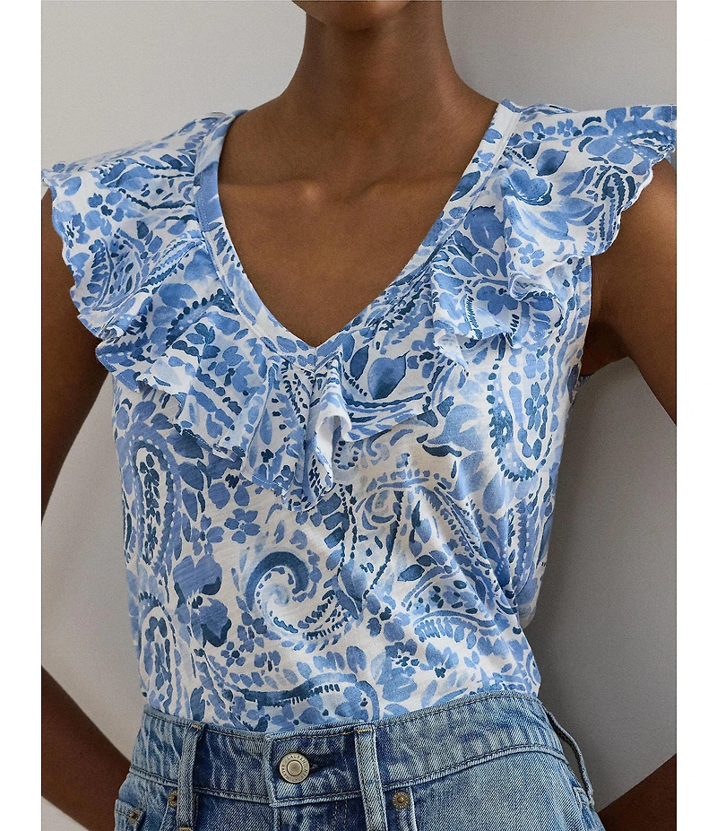 Lauren Ralph Lauren Jersey Knit Paisley Print V-Neck Sleeveless Top