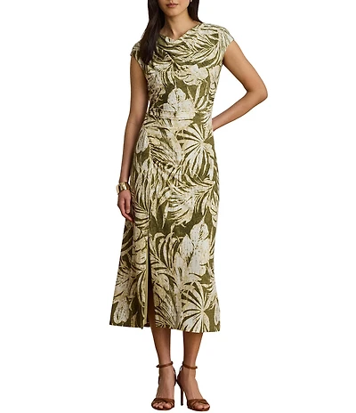 Lauren Ralph Lauren Jersey Knit Print Cowl Neck Sleeveless Midi Length Dress