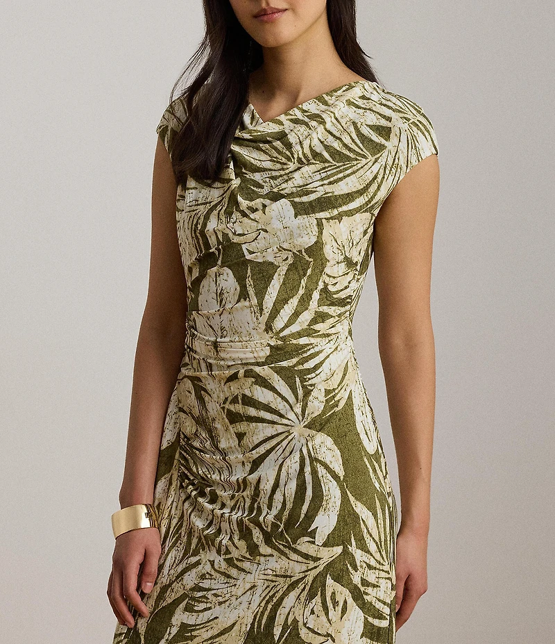 Lauren Ralph Lauren Jersey Knit Print Cowl Neck Sleeveless Midi Length Dress
