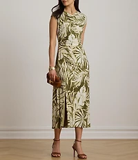 Lauren Ralph Lauren Jersey Knit Print Cowl Neck Sleeveless Midi Length Dress
