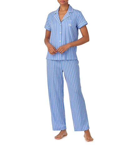 Lauren Ralph Lauren Jersey Knit Striped Print Short Sleeve Notch Collar Long Pajama Set