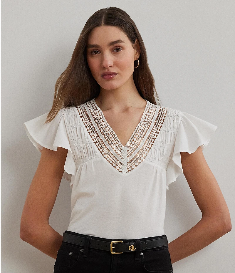 Lauren Ralph Lauren Jersey Knit V-Neck Cap Sleeve Shirt
