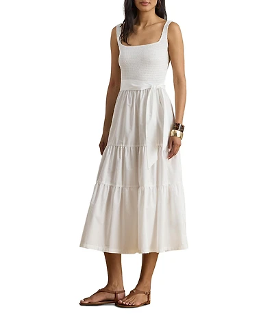 Lauren Ralph Lauren Jersey Ribbed Knit Square Neck Sleeveless Midi Dress