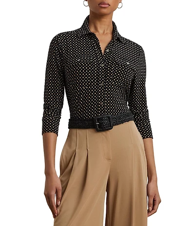 Lauren Ralph Lauren Jersey Two-Tone Geometric Collared Long Sleeve Button Front Shirt