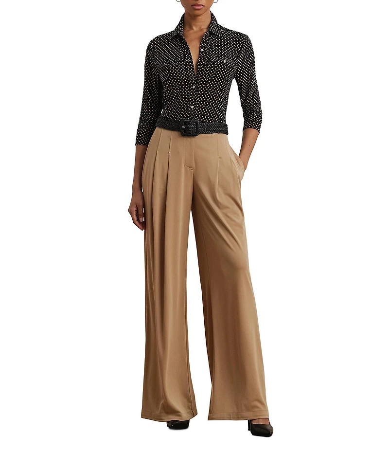 Lauren Ralph Lauren Jersey Two-Tone Geometric Collared Long Sleeve Button Front Shirt